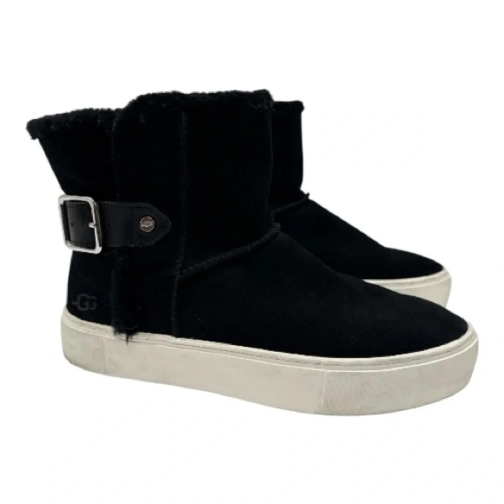 UGG Aika Mid-Height Flat Boots Black Genuine Suede Booties Fur Lining Size 6.5